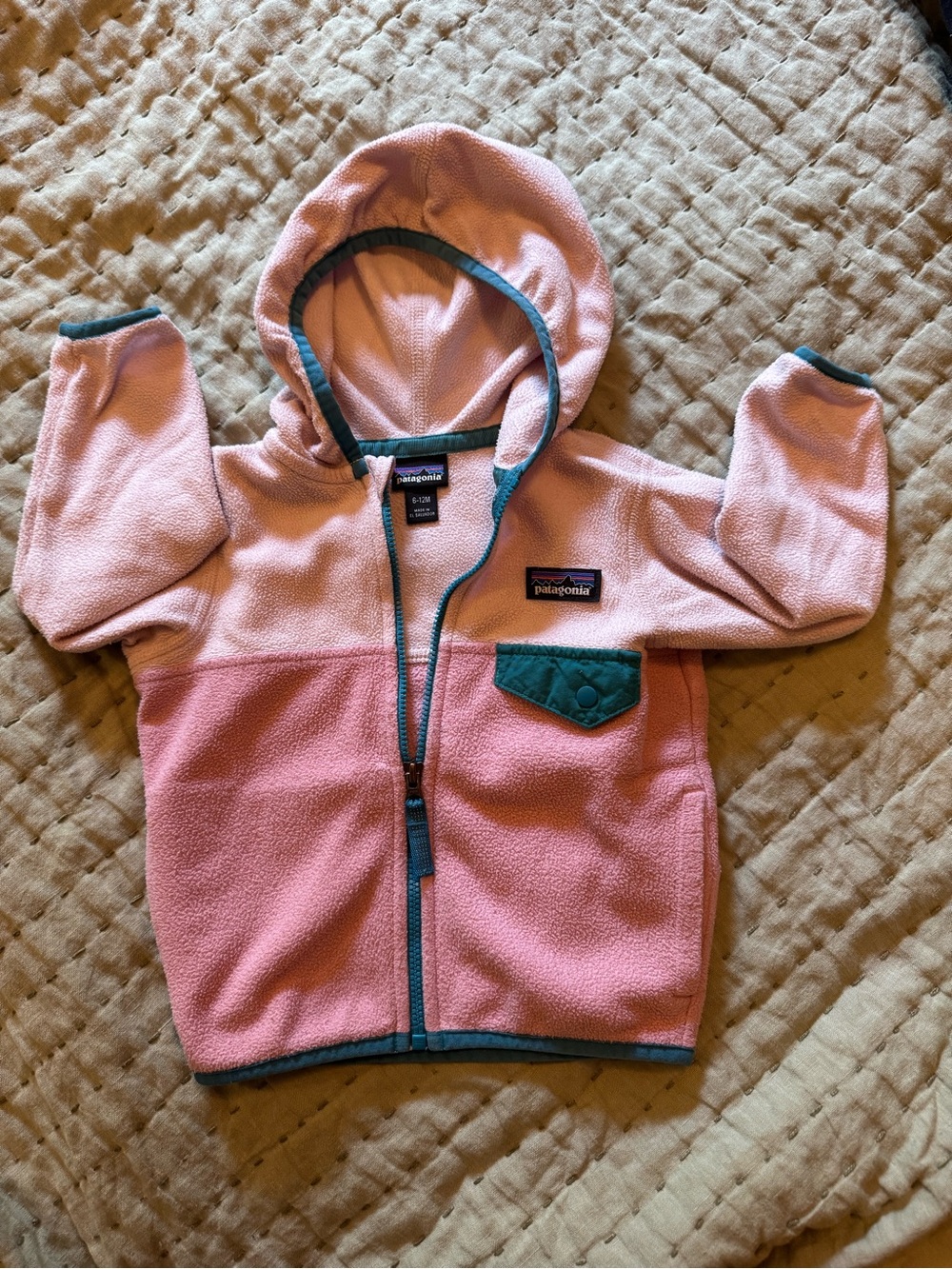 Patagonia Pink and Teal Hooded Fleece Jacket 6-12M